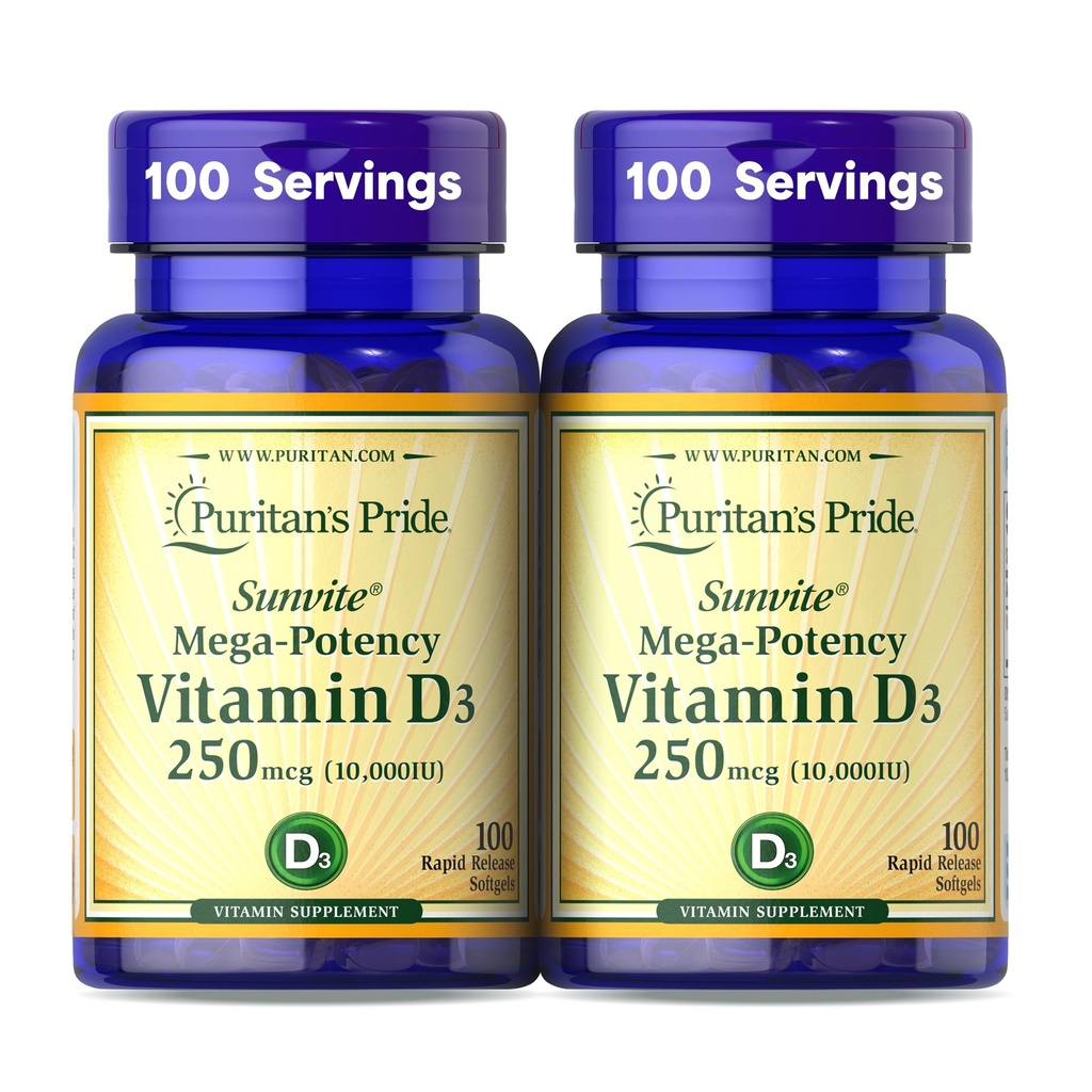 Puritan's Pride Premium SunviteTM Mega-Potencie Vitamín D3 10 000 IU, Dietary Supplement for Healthy Bones, Zuby, and Immune System Support, 100 Rýchle uvoľnenie Softgels