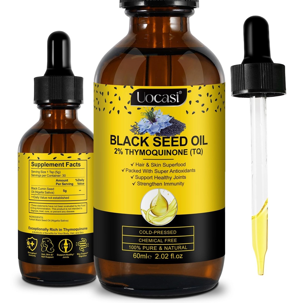 Uocasi Black Seed Oil, Cold Pressed, 100% Pure & Natural , Rast vlasov a starostlivosť o pleť, 2.02 Fl Oz