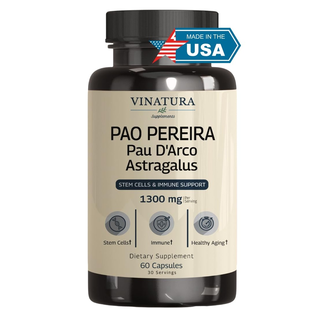 VINATURA Pao Pereira + PAU D'Arco, Astragalus - 1300MG Serving, USA Made & Tested, Stem Cells and Immune Support, 60 Kapsule