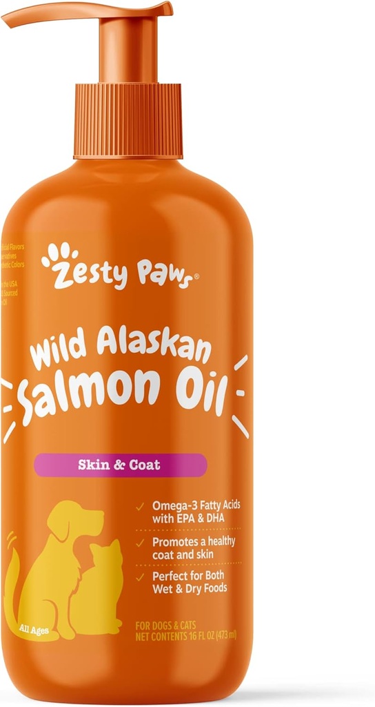 Zesty Paws Wild Aljašský lososový olej pre psy a mačky- Skin and Coat Support, Omega 3 Supplement for Pets, 16oz, Pump Top