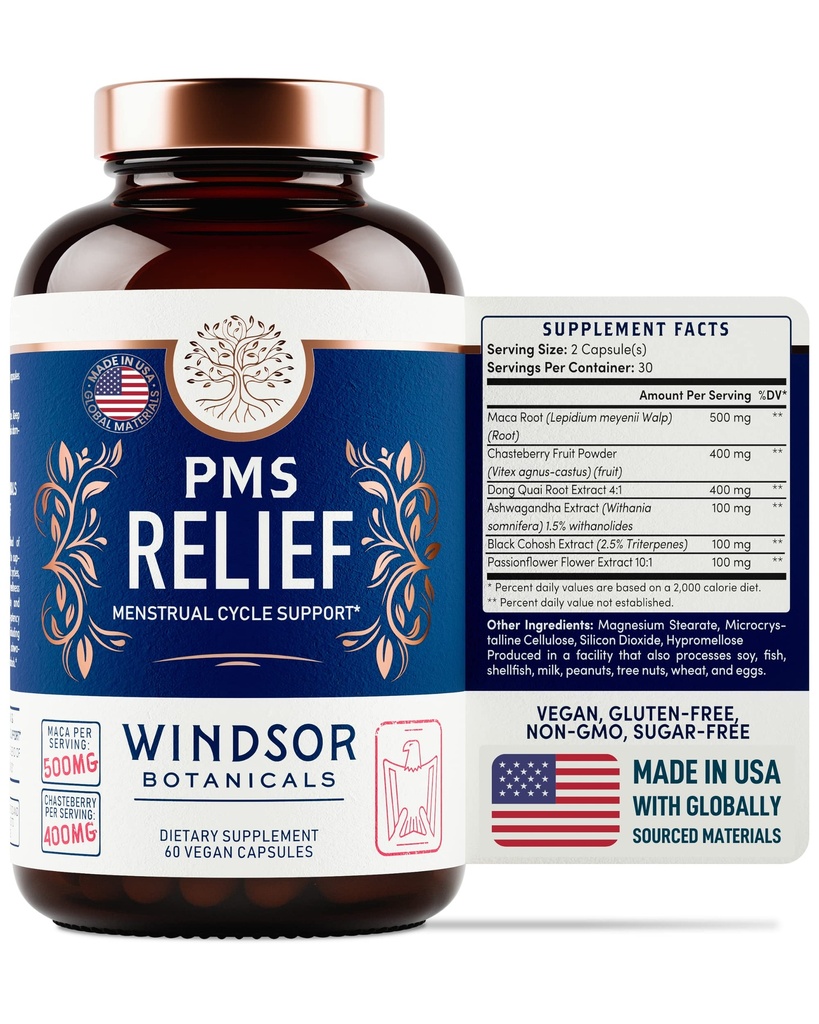 PMS doplnok podpory pre ženy s čerešňami, Maca Root, Ashwagandha - obdobie úľavy, Bloating Relief for Women, Mood Support, Hormone Balance Bylinné doplnky - 30 dní, 60 Vegan Kapsule