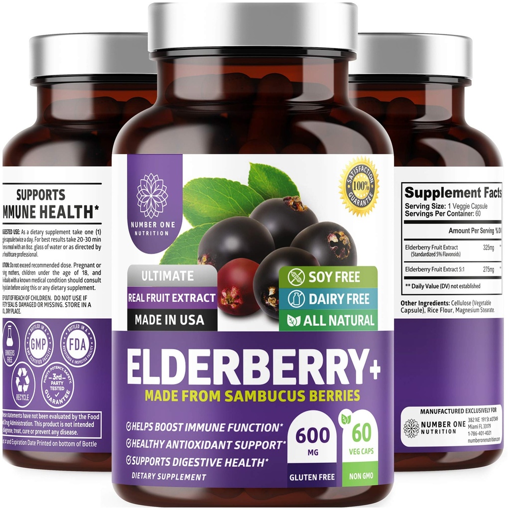 N1N Premium Black Elderberry Kapsule pre dospelých [Max Strength] Pure and Potent Elderberry from Sambucus Nigra to Support Imunity & Skin Health, non-GMO, Gluten Free, 60 Veg Caps