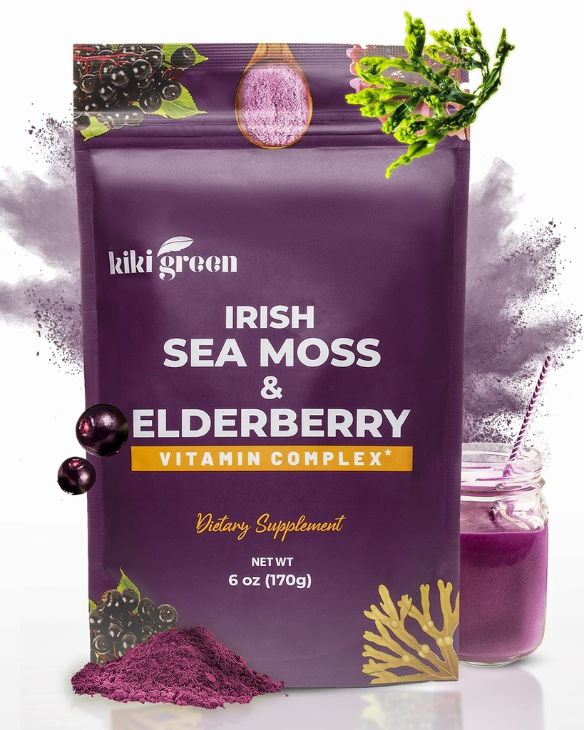 KIKI Green Sea Moss Powder s bazami - Vegan Superfood Multivitamín Blend - pre Immune Boost a podpora - Pridať k smoothies, šťavu, 6 oz