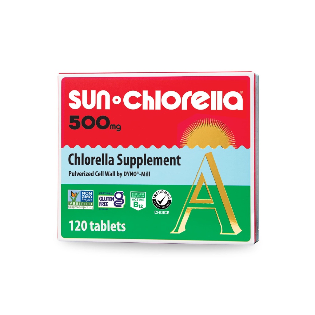 Sun Chlórella 500mg Celotelový Wellness Zelený Algae Superfood Supplement - Imunitná obranyschopnosť, zdravie Gut, Prírodné čistenie, Energetické Boost - Chlorofyl, B12, Železo, Proteín - non-GMO - 120 Tablety
