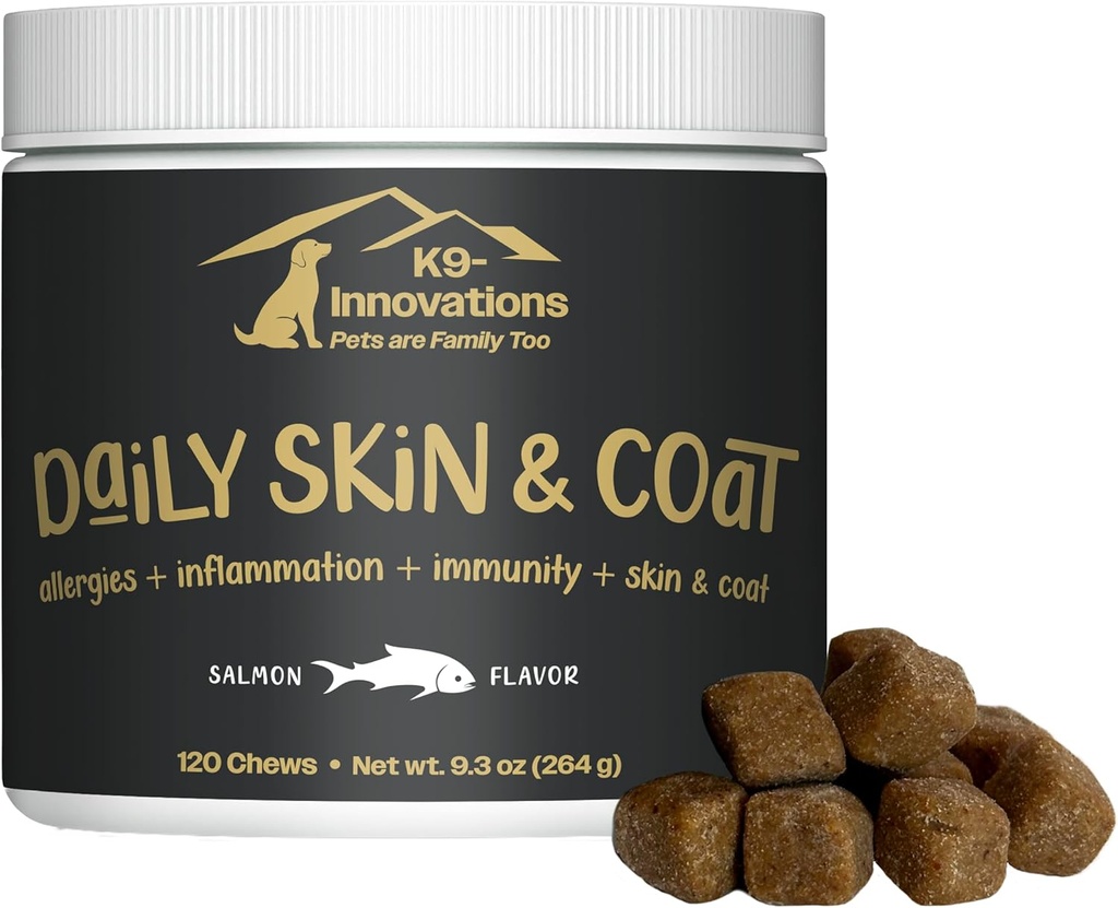 K9-Inovácie - Denné kože a kozí pes Žuvačky Salmon Flavor - Znížiť svrbenie a laba Chewing, Omega 3 & VIT C pre zdravie pokožky - 1-4 Mesiac dodávky (120qty)