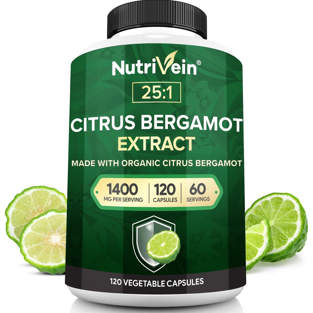 Nutrivein Premium Citrus Bergamot Supplement 1400mg 25:1 Bergamia Extract - 60 Day Supply (120 Kapsule): Výkonný taliansky Citrus Bergamot 1400 mg+ Vysoká koncentrácia - Srdce a obehový systém