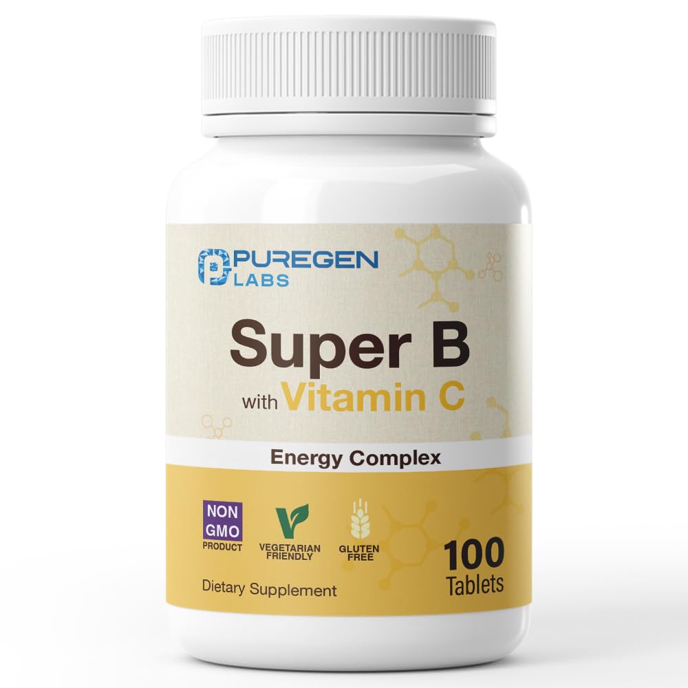 Puregen Labs Super B Energy Complex s vitamínom C - Imunitné zdravie, energia a podpora nervového systému - bez GMO, bez lepidla 100 Vegetariánskych tabliet