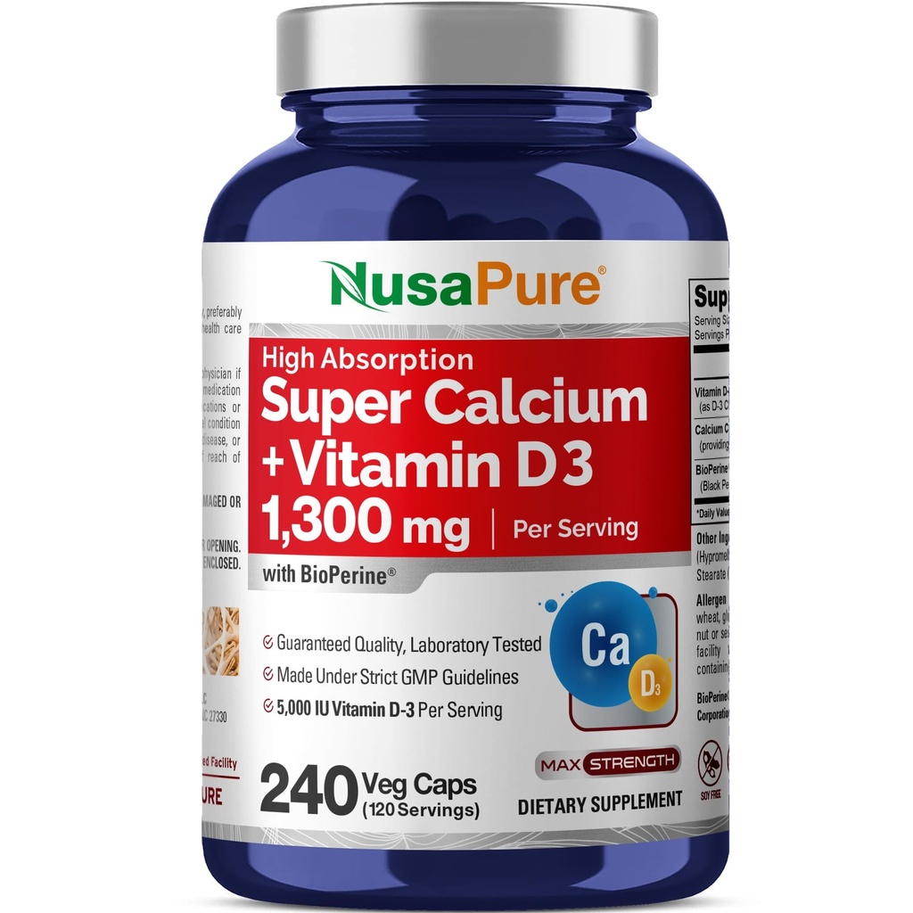 NusaPure Super Calcium 1300mg, Vitamín D3-240 Veggie Caps (non-GMO, Soyfree, Bioperine)