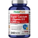 NusaPure Super Calcium 1300mg, Vitamín D3-240 Veggie Caps (non-GMO, Soyfree, Bioperine)