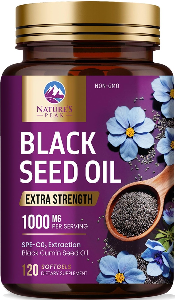 Black Seed Oil 1000mg - Premium Extra sila Nigella Sativa Blackseed Oil - Black Seed Oil Koža, Tráviace zdravie a imunitná podpora - Non-GMO Antioxidant, Gluten Free Supplement - 120 Softgels