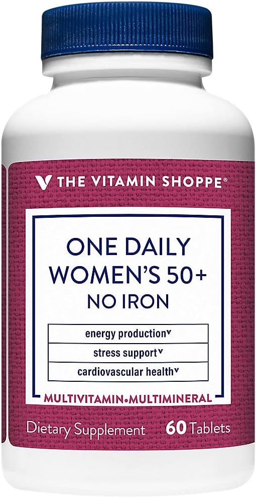 Vitamín Shoppe One Daily Women's 50+ Multivitamín bez železa, Multi-Mineral Supplement, podporuje výrobu energie, podporuje kardiovaskulárne, zrakové a imunitné zdravie (60 tabliet)