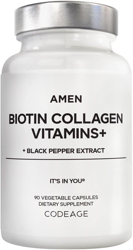 Amen Biotin Collagen Vitamíny+ 10 000 mcg Biotin Supplement - Hydrolyzovaný kolagén, Vitamíny C & E, folát, kyselina hyalurónová, keratín, MSM, Saw Palmetto - 3-Mesiac dodávky - non-GMO - 90 kapsúl