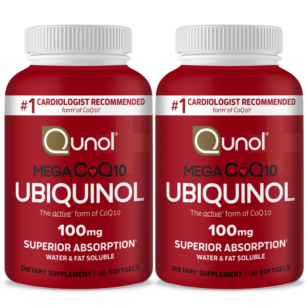 Qunol Mega Ubichinol Coq10 100 mg, Superior Absorpcia, Patentovaná voda a tuk Rozpustný prírodný doplnok forma koenzýmu Q10, Antioxidant pre zdravie srdca, 60 Softgels, balenie 2