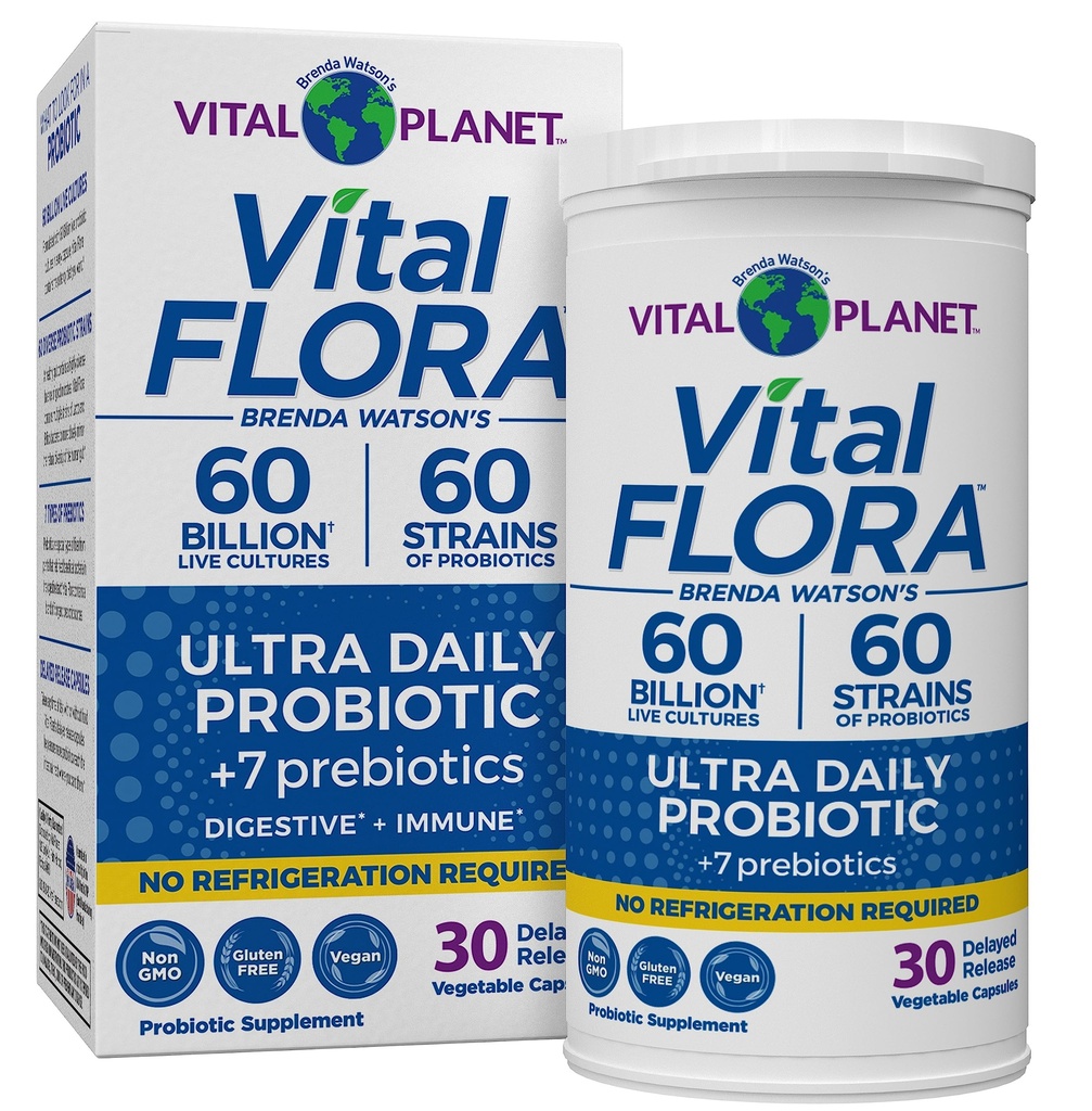 Vital Planet - Vital Flora Ultra Daily Probiotic 60 miliárd CFU, 60 rôznych kmeňov, 7 organických prebiotík, Imunitná podpora, Tráviace zdravie Stabilné probiotiká pre ženy a mužov 30 Kapsule