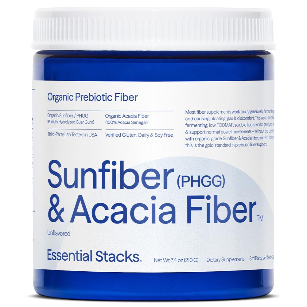 Essential Stacks Organic Sunfiber Prebiotic Fiber (Často hydrolyzovaný Guar Gum/PHGG) s Acacia Fiber Powder - Gluten Free, Non-GMO & Unflavored Rozpustné Fiber (7.4 oz)