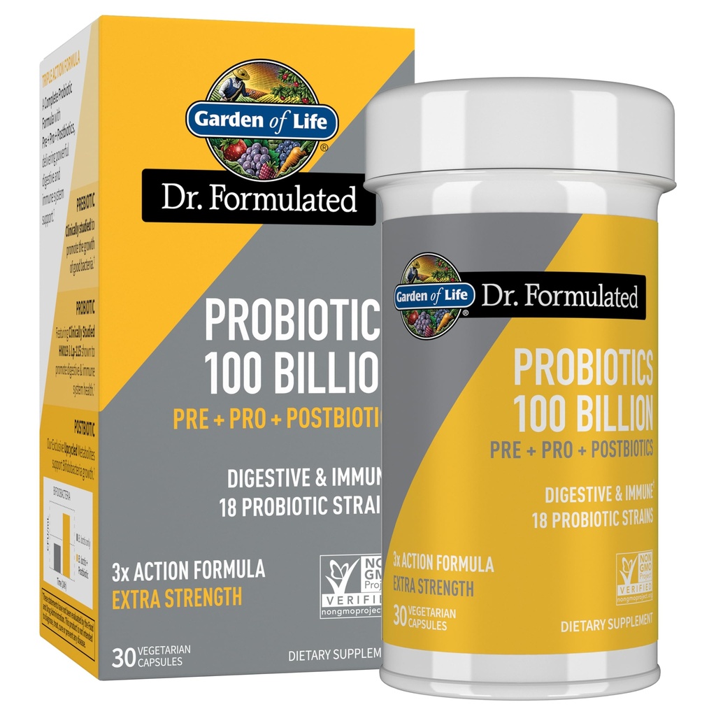 Záhrada života Dr. Formulované Pre, Post & Probiotiká 100 miliárd CFU Raz denne 3-v-1 Kompletné probiotiká, Prebiotiká a postbiotiká Supplement for Women and Men 