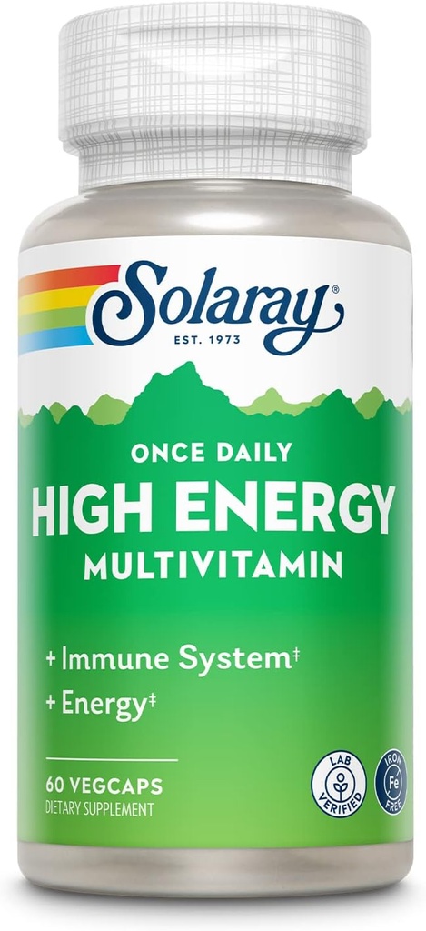 SOLARAY Once Daily High Energy Multivitamín, Bez železa, Imunitný systém a energetická podpora, celých potravín a bylinných zložiek, Muži a ženy a viac vitamínov, 60 Servings, 60 VegCaps