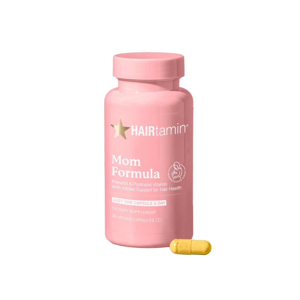 HAIRtamin MOM Vegan Prenatálne a postnatálne multivitamínové doplnky a vlasy Vitamín tehotenstvo, po pôrode, Dojčenie Probiotické Jednodňové vitamíny pre vlasy s biotínom, zinku, železa (30 Počet)