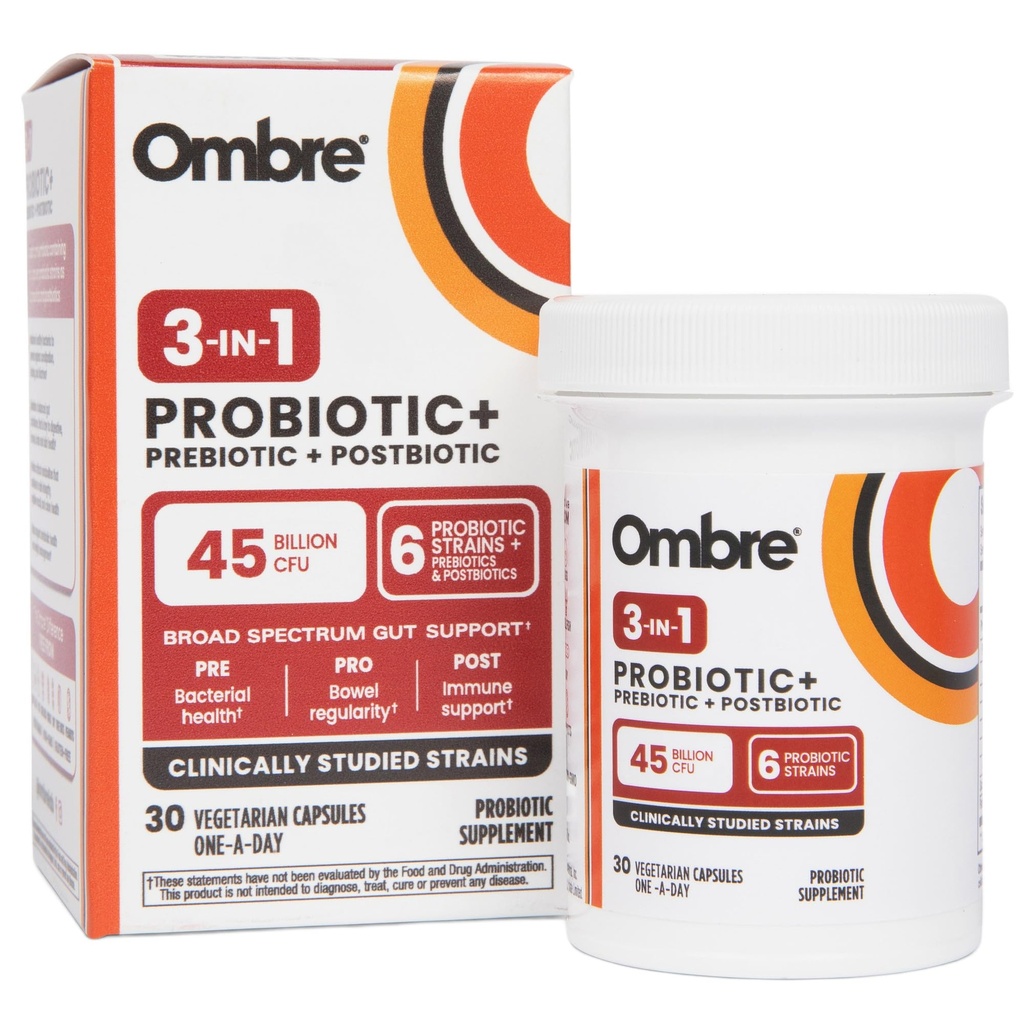 Ombre 3-in-1 probiotikum, prebiotikum a postbiotikum pre tráviace zdravie a zdravie Gut - 45 miliárd CFU - Bloating, zápcha a úľava od plynu - Metabolická a imunitná podpora pre ženy a mužov, 30 dní