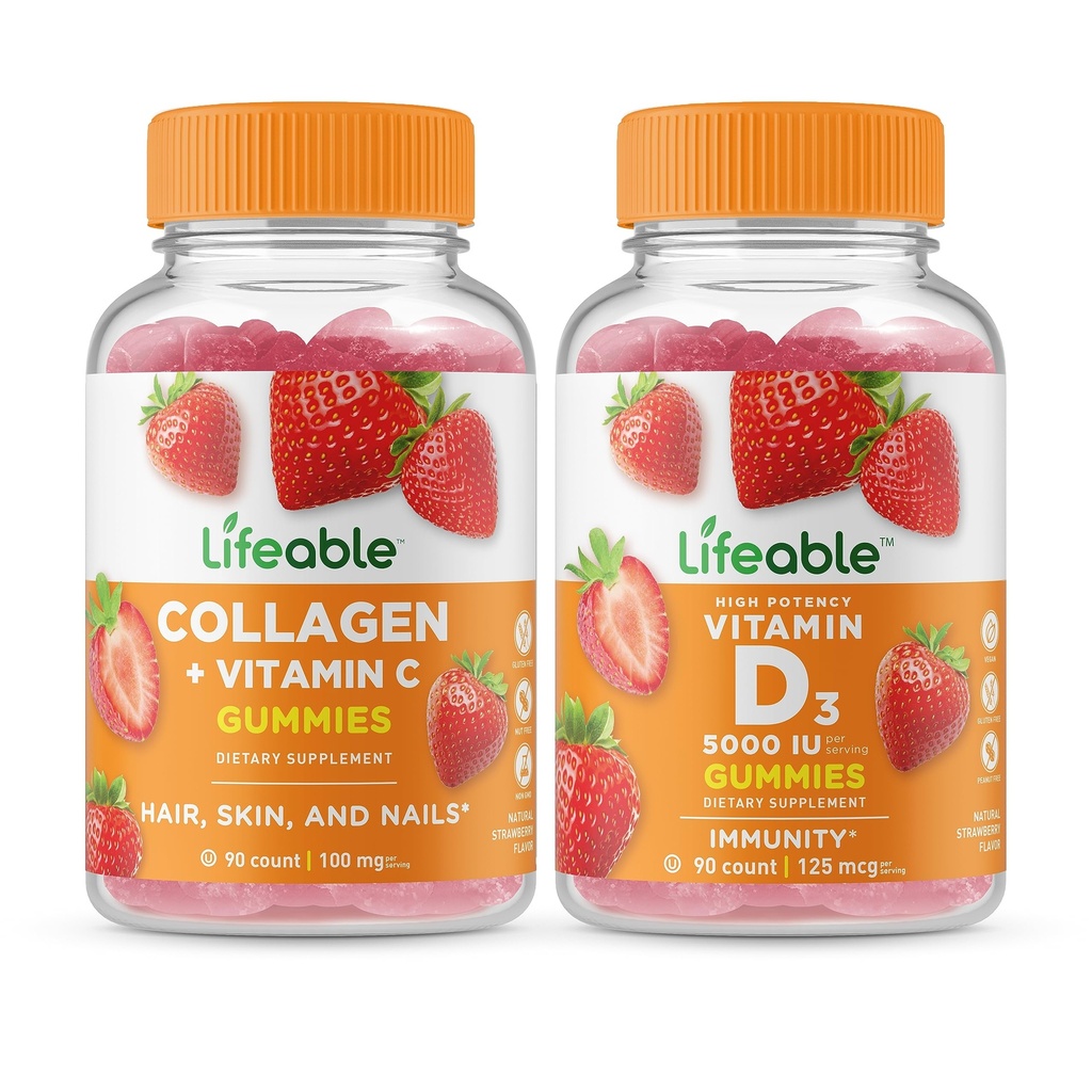 Životaschopný kolagén a vitamín C + vitamín D 5000 IU, Gummy Bundle - veľké ochutnávky, vitamínové doplnky, bez lepidla, bez GMO, žuvacia guma