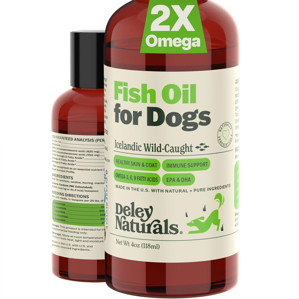 Deley Naturals Pes Fish Oil islandský 2X Omega - pes svrbenie pleťová úľava s Omega 3 6 9 pre alergie, Coat & Heart - Omega 3 Rybí olej pre psy podráždenie kože - 4oz Omega olej pre psy Vyrobené v USA
