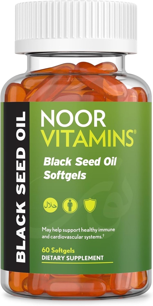 Noor Vitamíny Halal Black Seed Oil Kapsule, Halal Vitamíny, 1000 mg Black Seed Oil od Nigella Sativa, Thymochinón, non-GMO, Gluten bez, 60 Počet