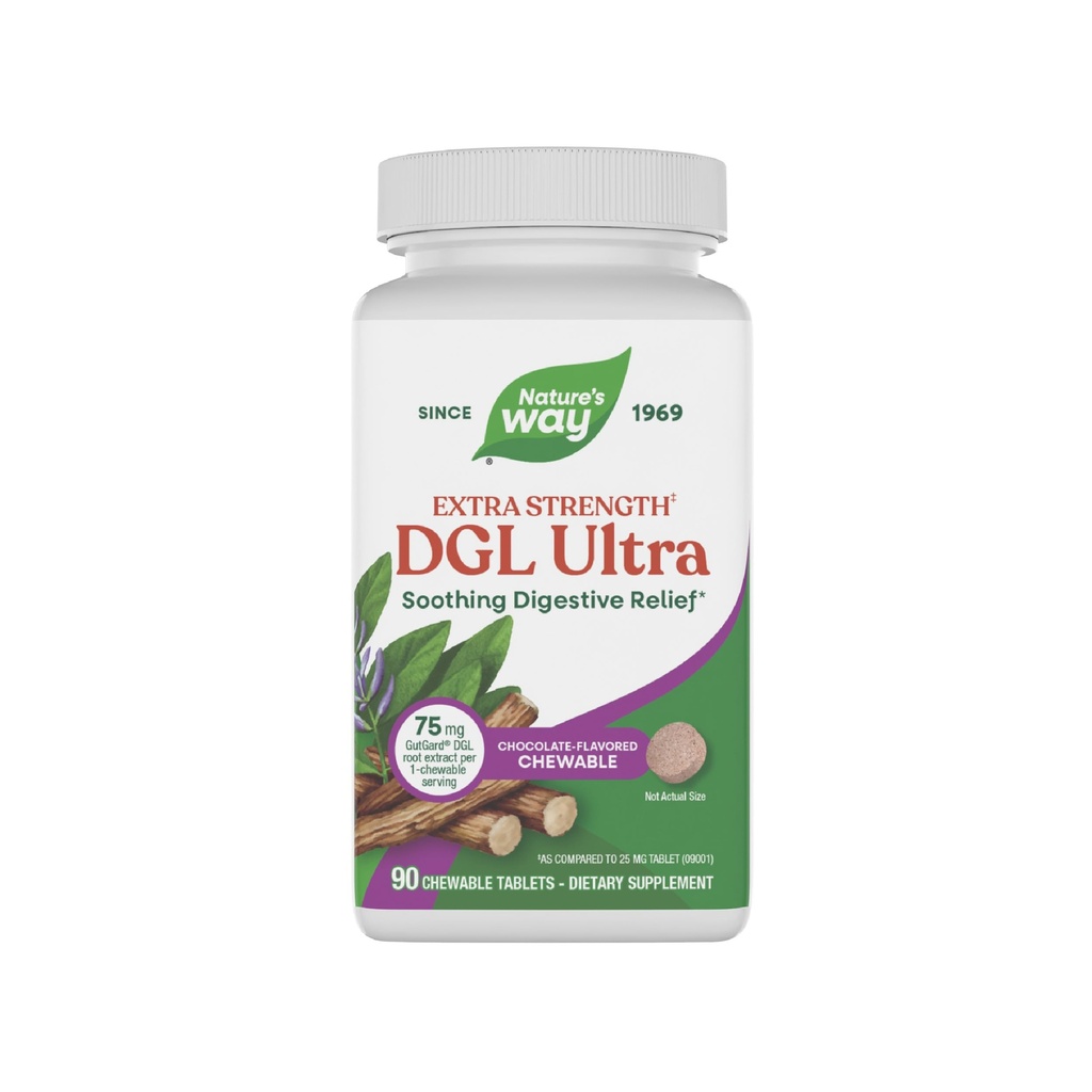 Nature's Way DGL Ultra Extra Strength**, Premium Licorice Root Extract, Upokojujúca úľava od trávenia*, s Gutgard, Vegan & Gluten Free, čokoláda Ochutené, 90 Žuvacie tablety (Packaging May Vary)