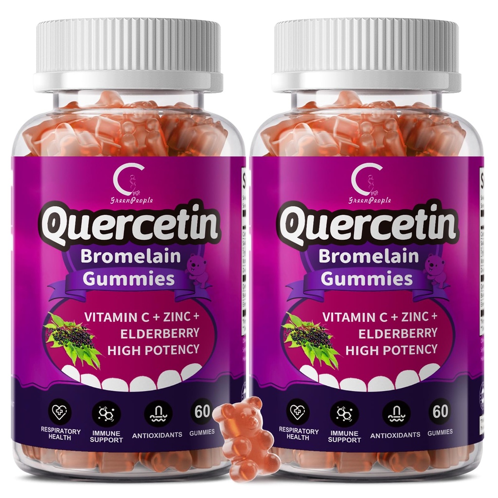 Quercetin Gummies - Quercetin s hypromelínom, vitamínom C, zinkom a bazami, extrasilný posilňovač imunitného systému, doplnok podpory pľúc pre dospelých Deti - 60 Quercetin Gummies (2 balenia)
