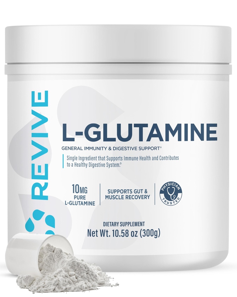 Revive Gut L-Glutamine Powder MD - Svalové zotavenie a imunitný systém Posilňovač pre dospelých - Podporuje tráviace zdravie a znižuje svalovú bolesť - Imunita a trávenie Vegan Pure L Glutamine Supplement