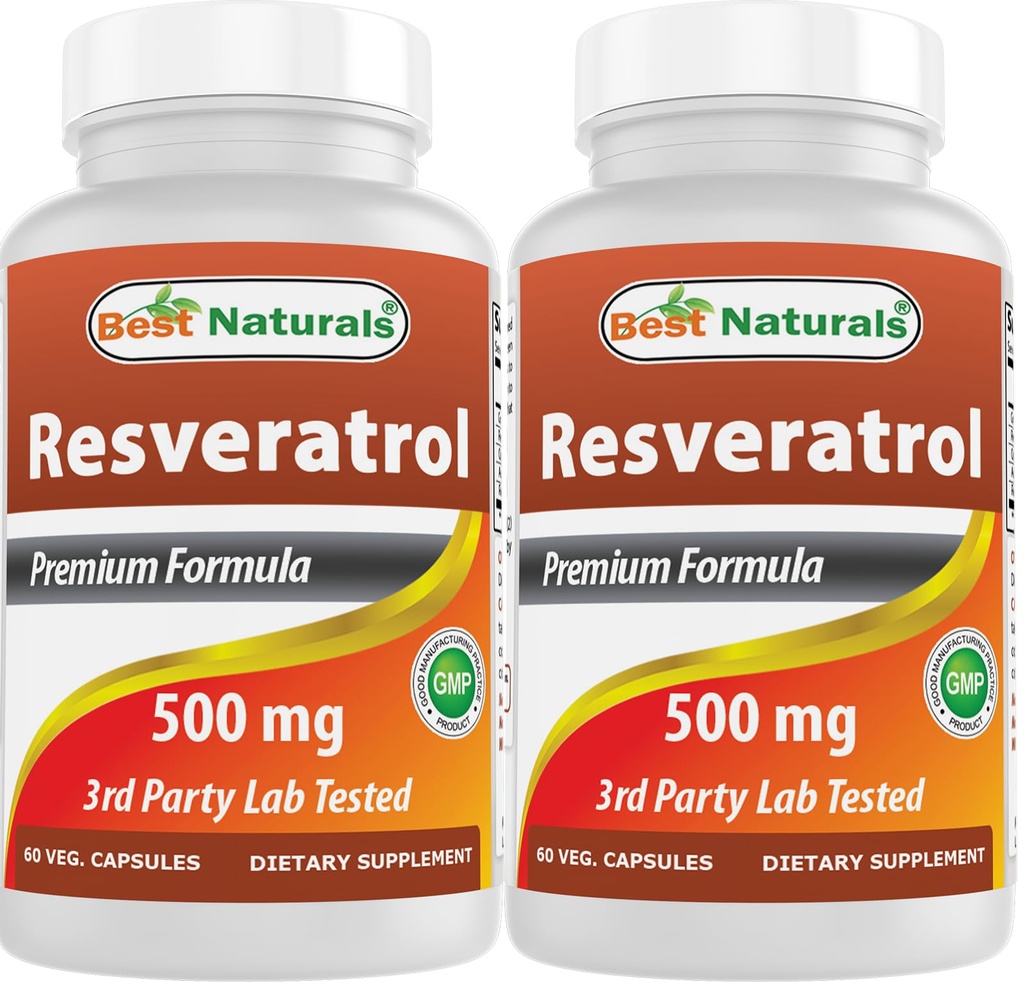 Najlepšie Naturals 2 Balíčky Resveratrol Complex 500 mg 60 Veg Kapsule Vyrobené z hroznovej kože, červené víno, Quercetin - Gluten Free & Non GMO - (Total 120 Kapsule)