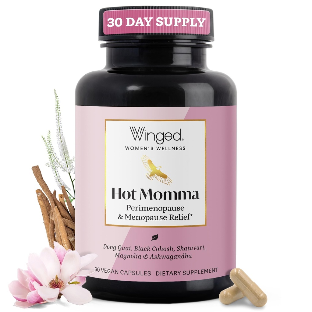 Krídlo Wellness Hot mamma Menopauza Doplnky pre ženy - Menopauza bez hormónov Relief Podpora pre horúce riasy a nočné potenie s cast Tree Berry, Multivitamíny a viac - 60 Vegan Kapsule