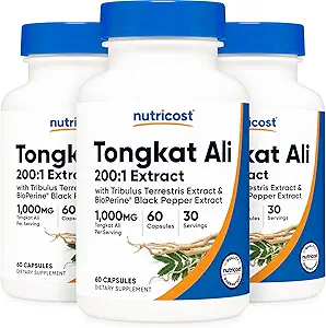 Nutricost Tongkat Ali 1000mg, 60 Caps (3 fľaše) - 30 Servings, Veggie Caps, Non-GMO, Gluten Free, Potent Extract