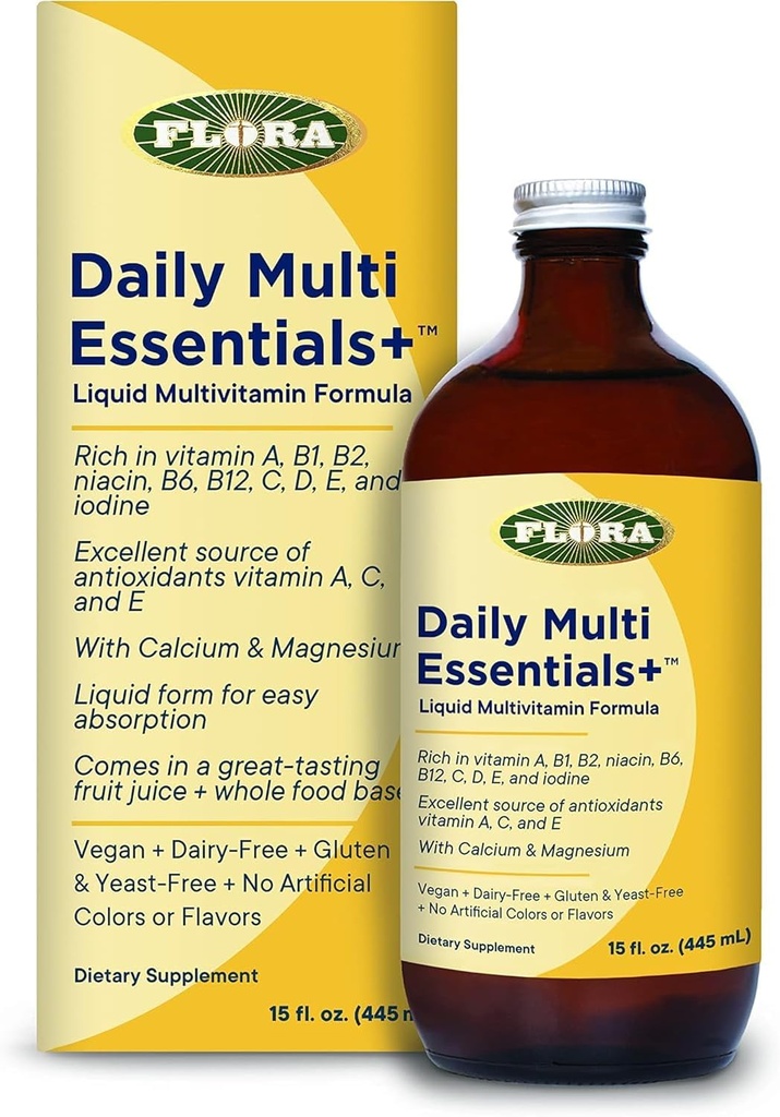 Flora - denné multi Essentials+, tekutá multivitamínová formula, 13 esenciálne vitamíny a minerály, 15 Fl Oz