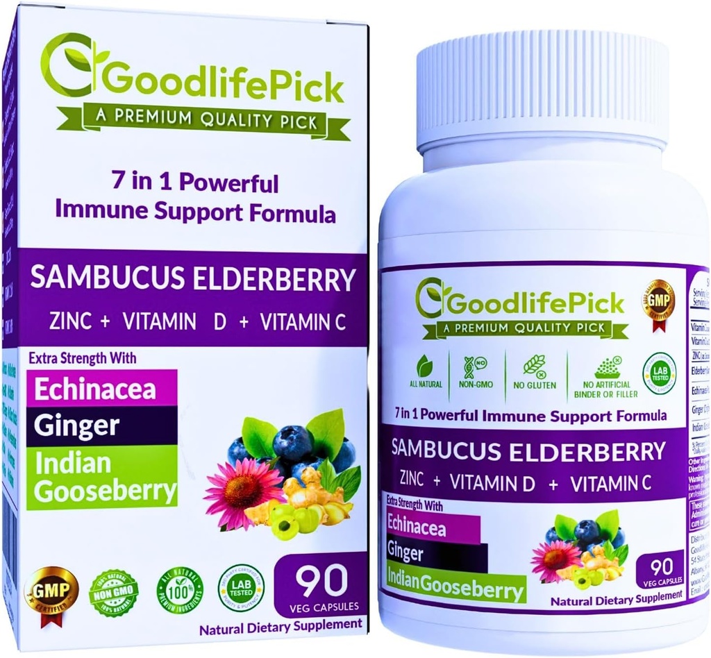 7 z 1 bazy čiernej so ZINC, vitamínom C, vitamínom D, echinaceou, zázvorom a indickými egrešmi (Amla). Premium Elderberry Kapsule 90 ct, All Natural, Non- GMO, Vegan, No Ryce Powder, No-Gluten