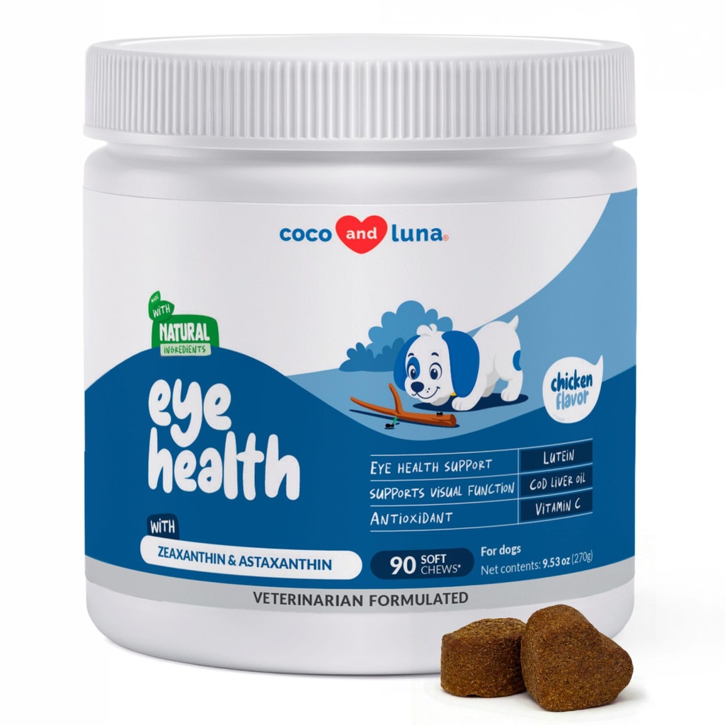 Očná podpora pre psy - 90 mäkké žuvačky - Doplnky pre psov pre videnie, Očné vitamíny pre psy, s codovým pečeňovým olejom Antioxidant, Pes Omega Supplement, Omega 3 EPA a DHA mastné kyseliny.