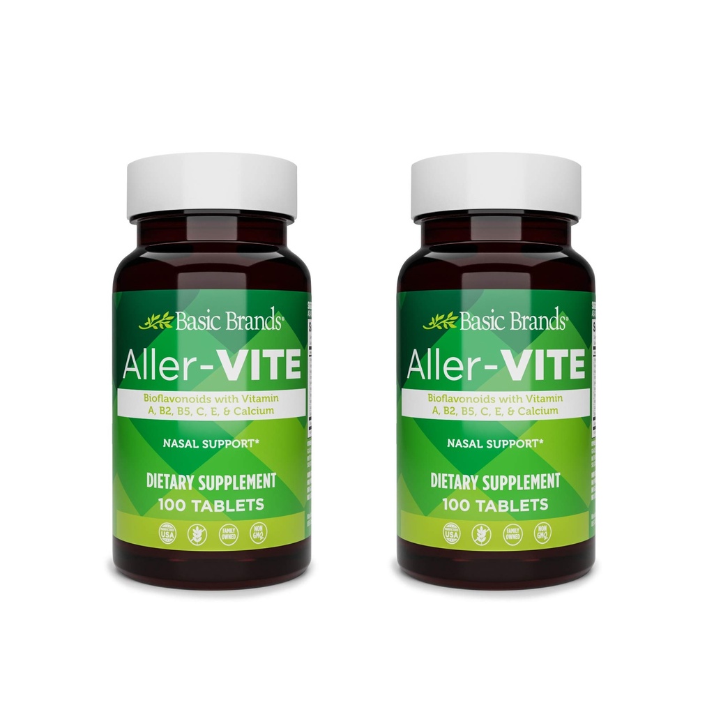 Basic Brands Aller-Vite - Natural Allergy Relief Tablets - Homeopatická Sinus & Nasal Podpora s Bioflavonoidy, Vitamíny A, B2, B5, C, E & Calcium - 100 Vegan Tablets - 2-Pack