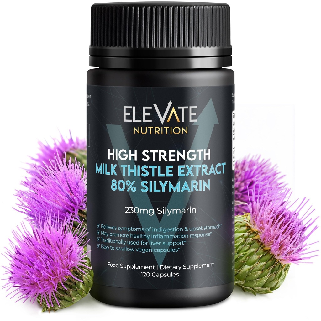 ELEVATE NUTRITION Milk Thitle - 288 mg, 80% Silymarin Extract - 120 Vegan Capsules - Dietary Health Supplement - Pomáha udržiavať funkciu pečene a tráviaci komfort