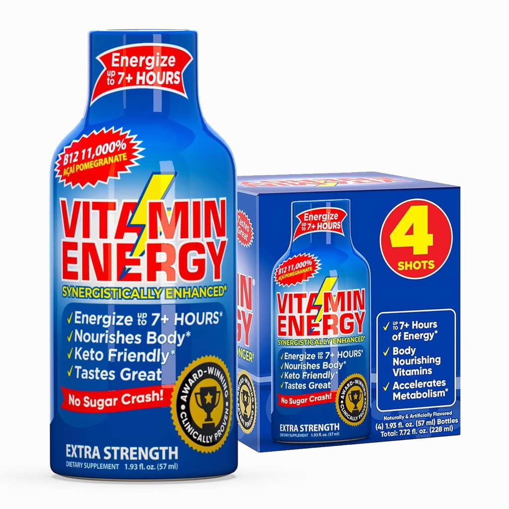 Vitamín Energy B12 11,000% Extra sila Energia Shot Açaí Pomegranate 4 Balenie, 260mg Prírodný kofeín, B12 & B6, Nootropic Focus, Vitality, Zero Sugar, Gluten-Free, Vegan, Kosher, 1,93 fl oz