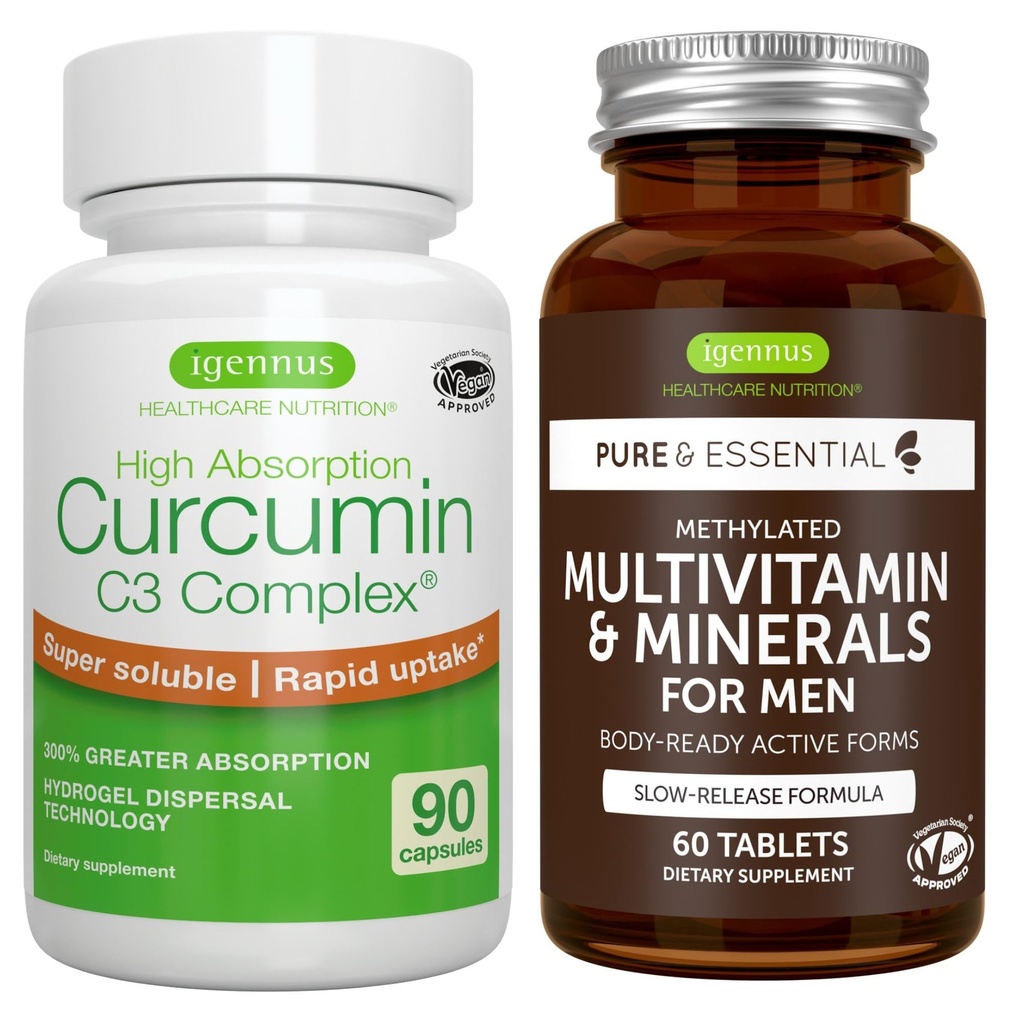 Multivitamín a minerály pre mužov + vysoká absorpcia Curcumin C3 Complex, Vegan Bundle, Trvalé uvoľnenie Advanced Multivitamín + 300% Väčšia absorpcia Curcuminoids s rýchlym vychytávaním, Igennus