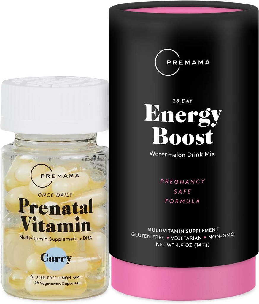 Premama Prenatálna vitamínová energia Posilňujúci nápoj Mix a prenatálna podpora Bundle, Omega 3, B Vitamíny, DHA, folát, 28 Servivné služby