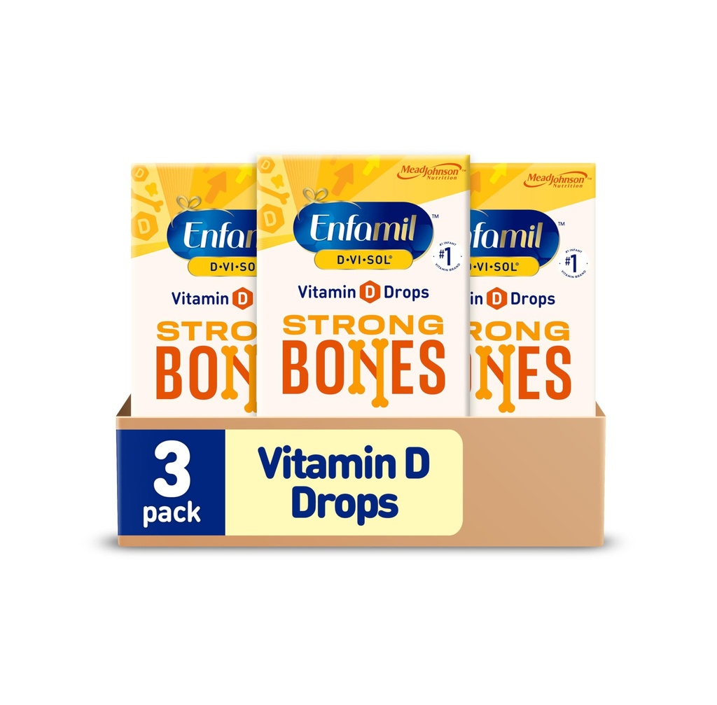 Enfamil Baby Vitamín D-Vi-Sol Vitamín D Tekutý doplnok Kvapky pre dojčatá, Podpora silné zuby & kosti v novorodenca, ľahko použiteľný, bezlepkové, 50 ml Dropper fľaša, balenie 3