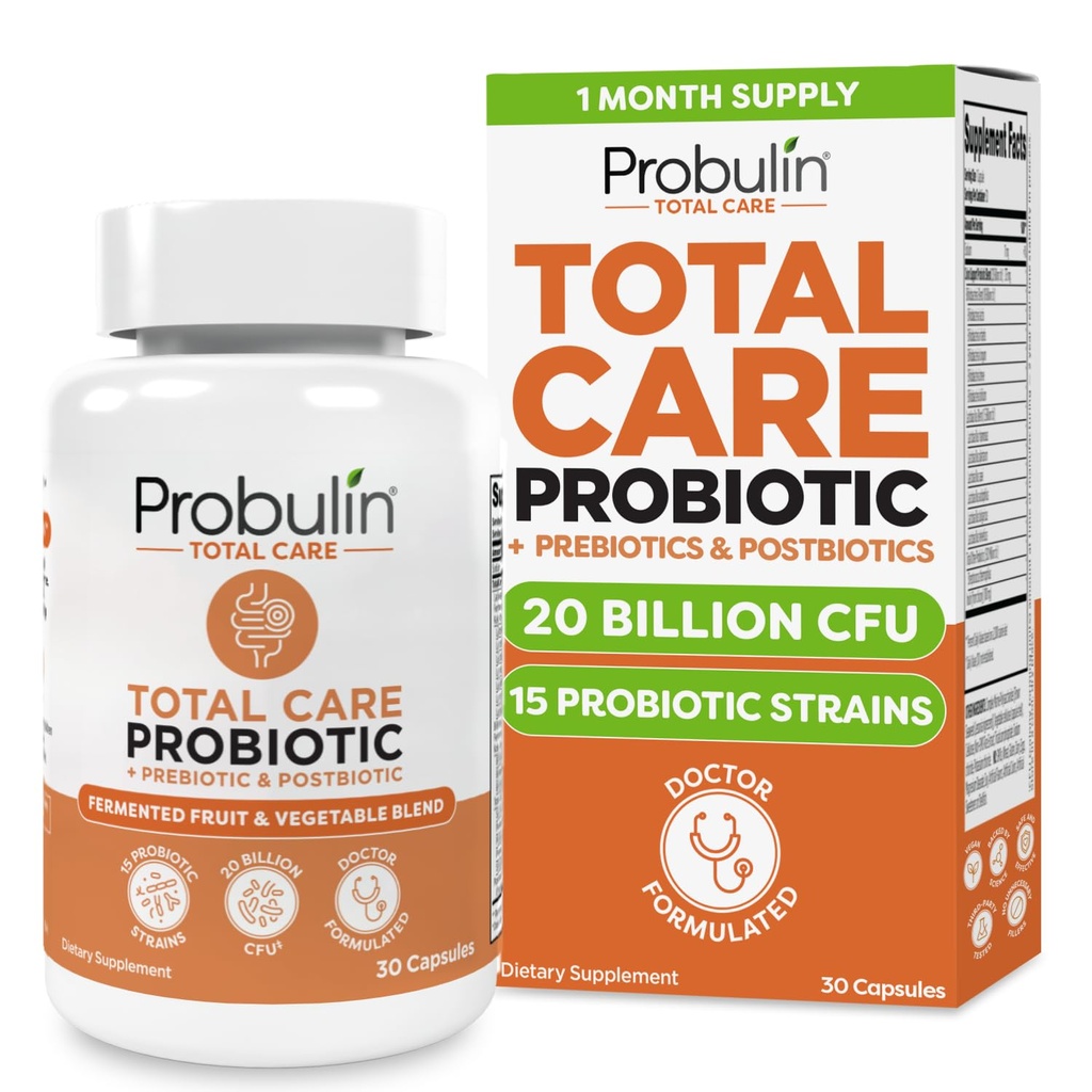 Probiotiká Probiotiká Probulín Total Care Supplement, Daily Gut, Digestive, and Immune Health Probiotiká Kapsule pre mužov a ženy, 20 miliárd CFU, Vegan, 30 gróf fľašu