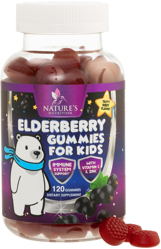 Deti Imunitná podpora Staršie plody Gummy - Denné Detské vitamíny C, Zinok a deti Imunita Podpora Gummy - Príroda Sambucus Staršie plody Supplement, Vegan, Gluten-free, Chutné Berry Flavor - 120 Gummies