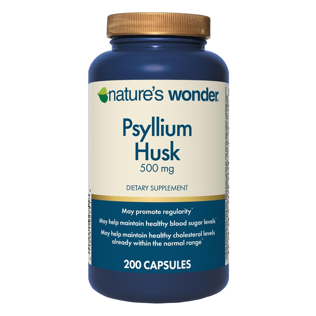 Nature's Wonder Psyllium Husk 500 mg Kapsule od Digestive Health, Plant-Based Fiber, 200 gróf