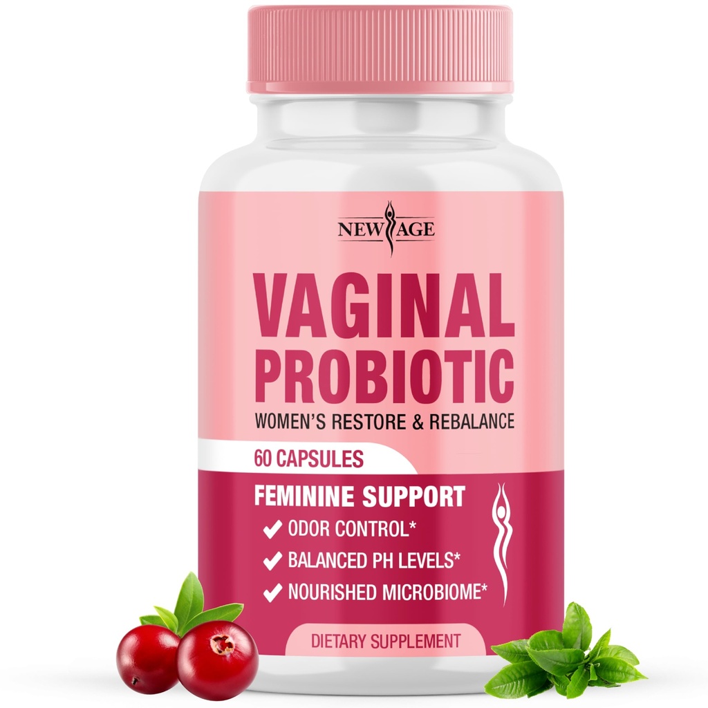 NEW AGE Vaginálne probiotiká pre ženy s prebiotikami, brusnicový extrakt a Lactobacillus Probiotic Blend, podporuje zdravé pH bilancie, Odor Control, Vaginal Flora - 60 Kapsule