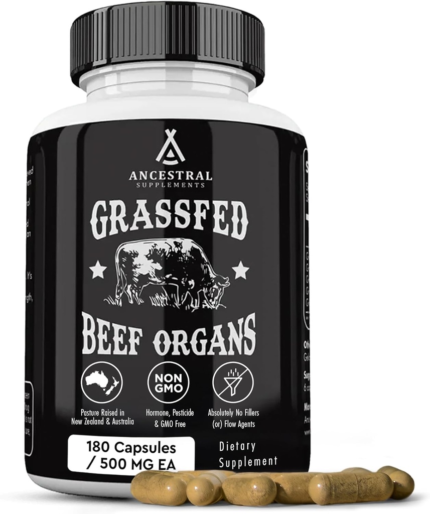 Ancestral Doplnky Grass Fed Beef Organ Supplement, podporuje celé telo wellness s proprietárnou zmesou pečene, srdca, obličiek, pankreasu, Spleen, mrazivého hovädzieho mäsa, non-GMO, 180 Kapsule