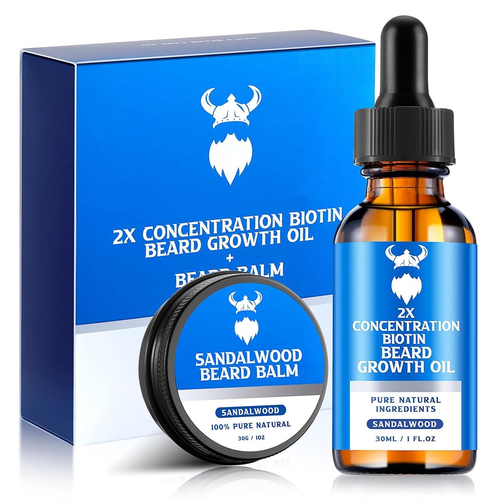 Rast medvedí olej a brada balzam - brada rastový kit s 2X koncentrácia biotín pre mužov, prírodné zložky s arganový olej, jojobový olej a vitamín (Sandalwood)