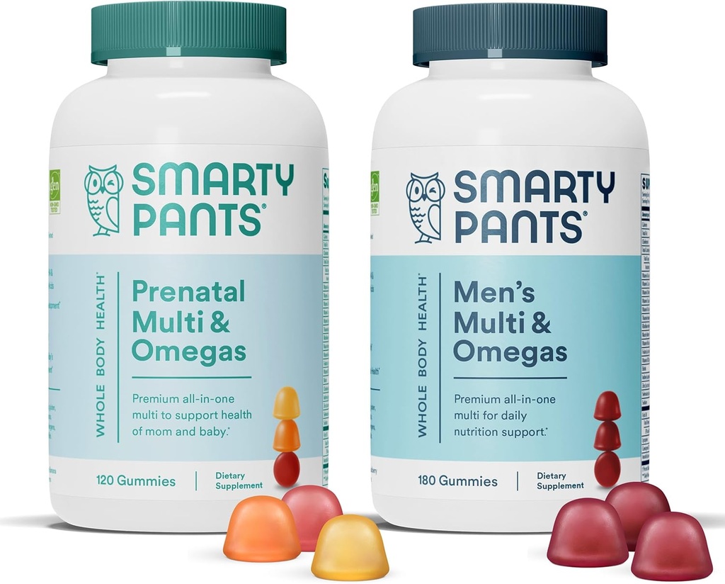 SmartyPants prenatálne a pánske multivitamínové Gummy Bundle: Omega 3 Rybí olej (EPA/DHA), Biotín, metylfolát, vitamín D3, C, vitamín B12, B6, A, K a zinok pre imunitnú podporu (30 dní dodávky)