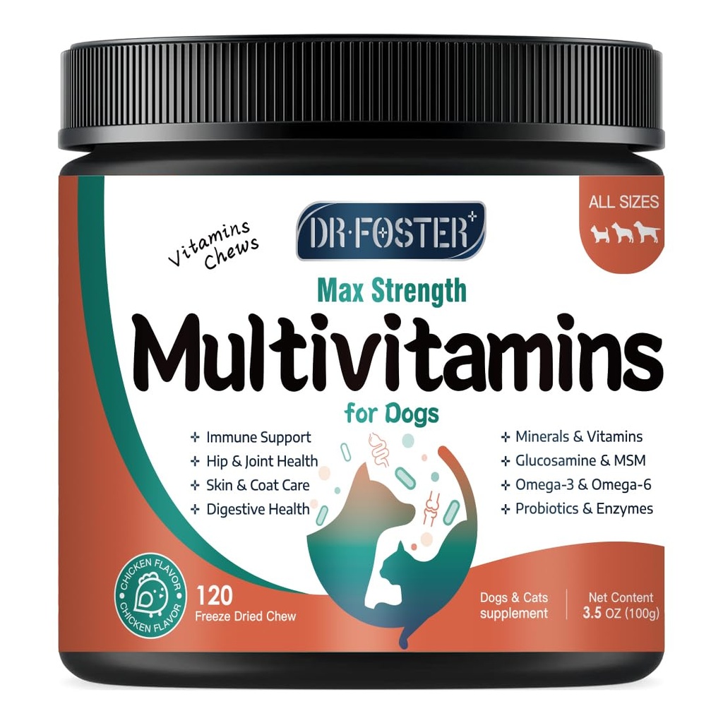 Pes Multivitamín s glukozamínom, Omega 3, Minerály, probiotiká a enzýmy, Psie vitamíny a doplnky pre kĺby, starostlivosť o pleť a pleť, trávenie a imunitné zdravie, kuracie chute - 120 Žuvačky