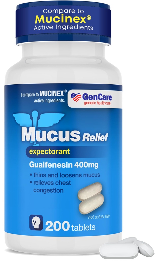 GenCare Muscus Relief Expectorant Guaifenesin 400 mg 200 tabliet Value Pack - Rýchle pôsobenie Odzrkadlenie hlienu pre nádchu, kongesciu hrudníka, chrípku, kašeľ a alergie